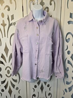 POL Lavender Distressed Button Front Jacket Shirt Small Oversized Frayed Hem